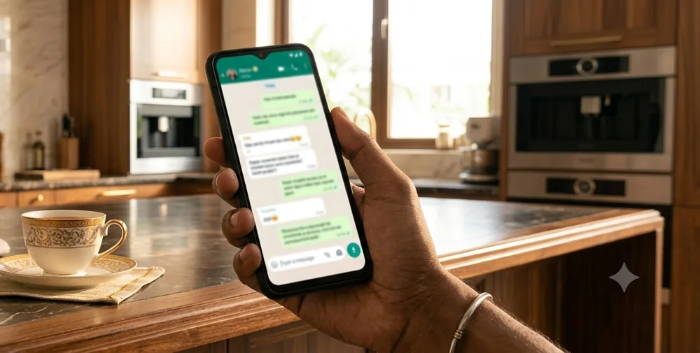 Booking a blood test on WhatsApp from a phone at the kitchen table, morning chai alongside