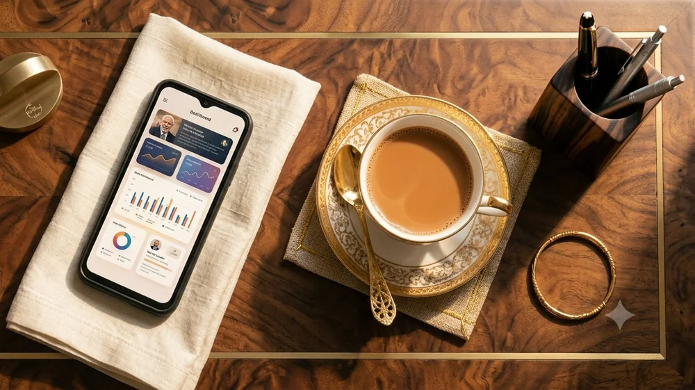 A Smart Report open on a phone beside a cup of chai — the report read over morning tea